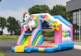 Koop opblaasbare slide combo springkasteel in unicorn thema voor kinderen. Opblaasbare springkastelen met glijbaan te koop bij JB Inflatables Nederland