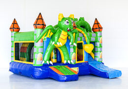 Koop middelmatig opblaasbare multiplay springkussen in draak thema met glijbaan voor kinderen. Bestel opblaasbare springkussens online bij JB Inflatables Nederland