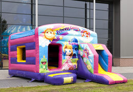 Opblaasbaar overdekt multiplay maxi multifun luchtkussen met glijbaan kopen in thema prinses voor kinderen. Bestel luchtkussens online bij JB Inflatables Nederland