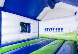 Opblaasbare Storm - Multifun Windmolen springkastelen met glijbaan in huisstijl kleuren en logo van de klant bestellen bij JB Inflatables Nederland. Vraag nu gratis ontwerp aan voor opblaasbare luchtkussens in uw huisstijl