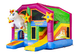 Koop middelmatig opblaasbare multiplay springkasteel in unicorn thema met glijbaan voor kinderen. Bestel opblaasbare springkastelen online bij JB Inflatables Nederland
