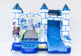 Klein overdekt opblaasbaar multiplay springkasteel met glijbaan bestellen in thema blauw wit kasteel voor kinderen. Koop opblaasbare springkastelen online bij JB Inflatables Nederland