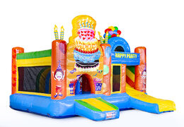 Springkasteel in feest theme met een glijbaan bestellen voor kinderen. Koop opblaasbare springkastelen online bij JB Inflatables Nederland