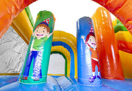 Koop middelmatig opblaasbare multiplay springkasteel in feest thema met glijbaan voor kinderen. Bestel opblaasbare springkastelen online bij JB Inflatables Nederland
