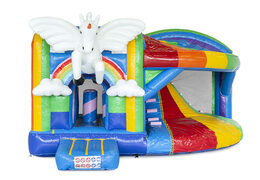 Bestel middelmatig opblaasbare multiplay springkasteel in unicorn thema met glijbaan voor kinderen. Koop opblaasbare springkastelen online bij JB Inflatables Nederland