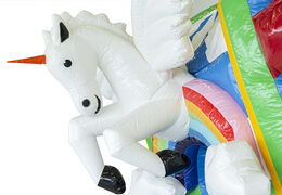 Springkussen in unicorn thema met glijbaan en met binnenin 3D objecten bestellen voor kinderen.  Koop opblaasbare springkussens online bij JB Inflatables Nederland