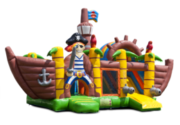 Multiplay piratenschip springkasteel met een glijbaan, leuke objecten op het springvlak en opvallende 3D objecten bestellen voor kids. Koop opblaasbare springkastelen online bij JB Inflatables Nederland
