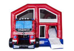 Multiplay brandweer springkussen met een glijbaan, pilaren op het springvlak en opvallende 3D object kopen voor kids. Bestel opblaasbare springkussens online bij JB Inflatables Nederland