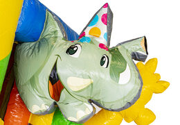 Mini opblaasbare multiplay springkussen met glijbaan in feest thema te bestellen voor kinderen. Bestel opblaasbare springkussens online at JB Inflatables Nederland