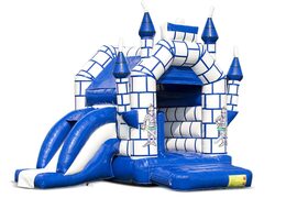 Midi opblaasbare multifun springkussen met glijbaan kopen in een kleuren combinatie van blauw en wit in kasteel thema voor kinderen. Bestel springkussens online bij JB Inflatables Nederland
