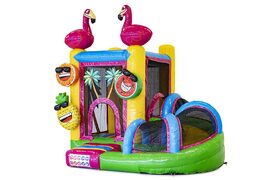 Koop mini opblaasbare multiplay springkasteel in flamingo thema met glijbaan voor kinderen. Bestel opblaasbare springkastelen online bij JB Inflatables Nederland
