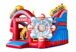 Groot opblaasbaar open multiplay springkussen met glijbaan kopen in thema achtbaan rollercoaster voor kinderen. Bestel springkussens online bij JB Inflatables Nederland