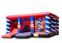 Groot opblaasbaar open multiplay springkussen met glijbaan kopen in thema brandweer voor kinderen. Bestel springkussens online bij JB Inflatables Nederland