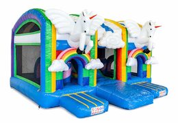 Overdekt multiplay unicorn springkasteel in een uniek design met twee ingangen, een glijbaan in het midden en 3D objecten bestellen voor kids. Koop springkastelen online bij JB Inflatables Nederland