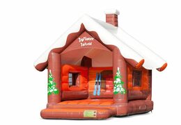 Bestel standaard Skihut winterworld springkussen met een 3D schoorsteen bovenop voor kinderen. Koop springkussens online bij JB Inflatables Nederland