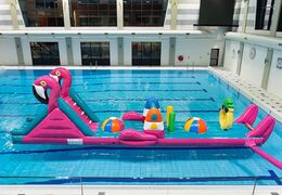 Opblaasbare waterstormbaan huren in flamingo thema voor kinderen