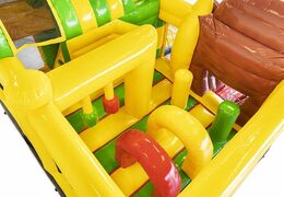 Opblaasbaar luchtkussen in bananen apen thema met glijbaan bestellen voor kinderen