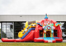 Multiplay super opblaasbaar springkasteel met glijbaan in achtbaan thema rood te koop voor kinderen