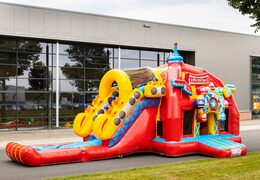 Multiplay super opblaasbaar springkasteel met glijbaan in achtbaan thema rood bestellen voor kinderen