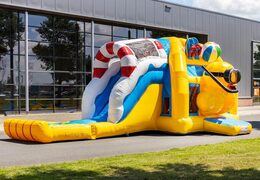 Opblaasbaar multiplay super springkasteel in rubber duck thema geel voor kinderen bestellen
