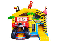 Opblaasbaar luchtkussen met dak en glijbaan in safari thema met 3d dieren erboven op kopen voor kinderen