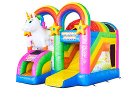 Overdekt opblaasbaar Mini Multiplay springkussen met glijbaan kopen in thema Unicorn voor kinderen. Bestel nu opblaasbare springkussens bij JB Inflatables Nederland