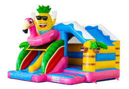 Slide combo Dubbelslide springkussen met twee glijbanen in Hawaii Flamingo thema