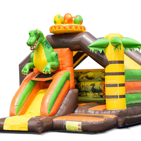 Opblaasbaar slide combo springkasteel met groene dinosaurus kopen voor kinderen. Bestel springkastelen in dinosaur thema bij JB Inflatables Nederland