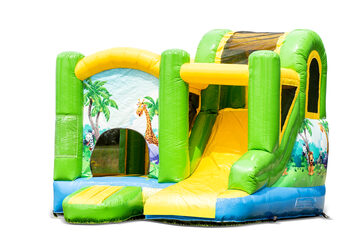 Klein overdekt opblaasbaar multiplay springkasteel met glijbaan kopen in thema jungle voor kids. Bestel opblaasbare springkastelen online bij JB Inflatables Nederland