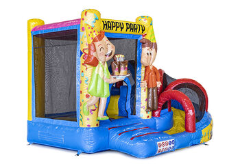 Koop mini opblaasbare multiplay springkasteel in feest thema met glijbaan voor kinderen. Bestel opblaasbare springkastelen online bij JB Inflatables Nederland