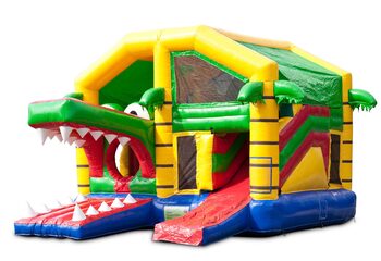Medium opblaasbare multiplay springkussen met glijbaan in krokodil thema bestellen voor kinderen. Bestel opblaasbare springkussens online at JB Inflatables Nederland