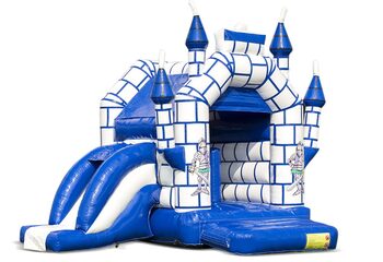 Midi opblaasbare multifun springkussen met glijbaan kopen in een kleuren combinatie van blauw en wit in kasteel thema voor kinderen. Bestel springkussens online bij JB Inflatables Nederland