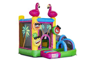Springkasteel in flamingo thema met een glijbaan bestellen voor kinderen. Koop opblaasbare springkastelen online bij JB Inflatables Nederland