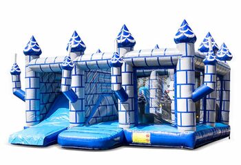 Groot opblaasbaar open blauw wit multiplay springkasteel met glijbaan kopen in thema indoor kasteel voor kinderen. Bestel springkastelen online bij JB Inflatables Nederland