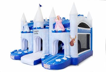 Groot opblaasbaar overdekt blauw wit multiplay luchtkussen met glijbaan kopen in thema ice ijs frozen voor kinderen. Bestel luchtkussens online bij JB Inflatables Nederland