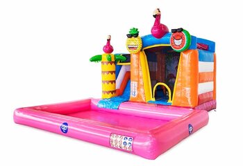 Bestel opblaasbaar mini splash bounce springkasteel in flamingo thema met of zonder bad voor kids. Koop springkastelen online bij JB Inflatables Nederland 