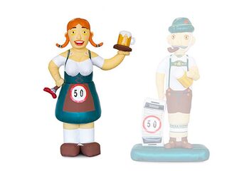 Opblaasbare Sarah pop in oktoberfeest thema met braadworst en bier in haar handen