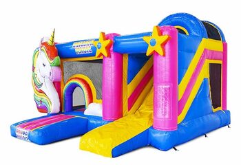 Opblaasbaar springkasteel met glijbaan in unicorn thema bestellen voor kinderen