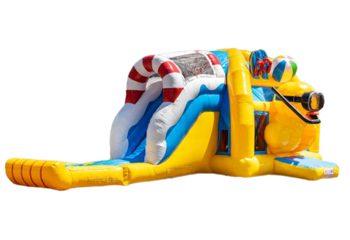 Opblaasbaar multiplay super springkasteel in rubber duck thema geel voor kinderen te koop