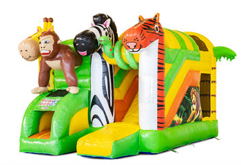 Overdekt opblaasbaar Mini Multiplay springkussen met glijbaan kopen in thema Jungle voor kinderen. Bestel nu opblaasbare springkussens bij JB Inflatables Nederland