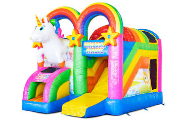 Overdekt opblaasbaar Mini Multiplay springkussen met glijbaan kopen in thema Unicorn voor kinderen. Bestel nu opblaasbare springkussens bij JB Inflatables Nederland
