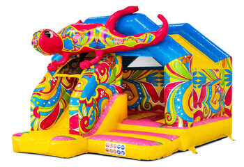 Slide Combo springkasteel met geel blauw roze kleuren en bloemen