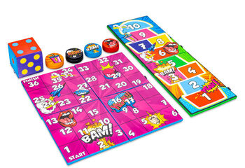 Kleurrijk spellenset voorkant van Softplay in Comic thema