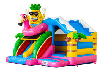 Slide combo Dubbelslide springkussen met twee glijbanen in Hawaii Flamingo thema