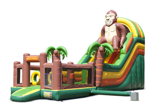 Unieke opblaasbare glijbaan in thema gorilla met een plonsbad, indrukwekkend 3D object, frisse kleuren en de 3D obstakels voor kinderen kopen. Bestel opblaasbare glijbanen nu online bij JB Inflatables Nederland