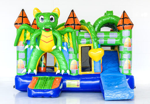 Multiplay draak luchtkussen met een glijbaan, leuke objecten op het springvlak en opvallende 3D objecten bestellen voor kinderen. Bestel opblaasbare luchtkussens online bij JB Inflatables Nederland