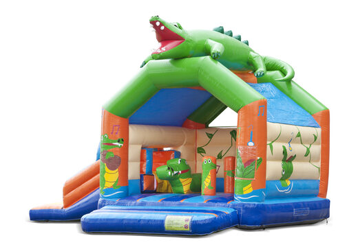 Opblaasbaar overdekt multiplay multifun springkussen met glijbaan kopen in thema krokodil voor kinderen. Bestel springkussens online bij JB Inflatables Nederland