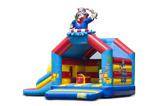 Koop voor kinderen een opblaasbaar multifun springkasteel met dak in piraat thema met bovenop een opvallend 3D object bij JB Inflatables Nederland. Bestel springkastelen online bij JB Inflatables Nederland
