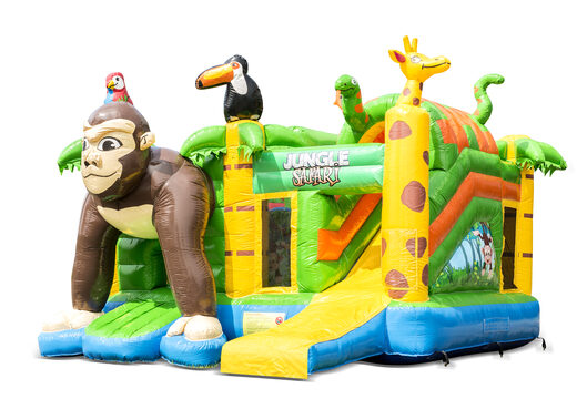 Overdekt opblaasbaar multiplay springkussen met glijbaan kopen in thema safari gorilla voor kinderen. Bestel opblaasbare springkussens online bij JB Inflatables Nederland