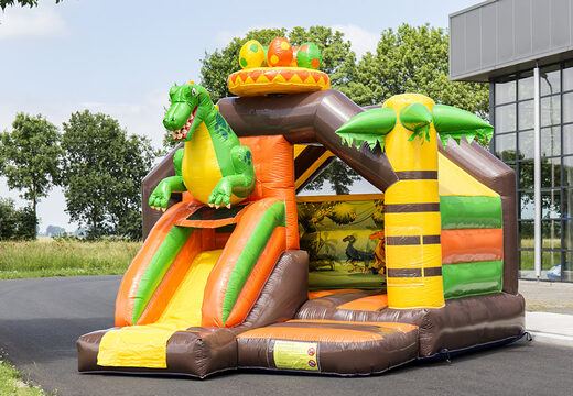 Opblaasbare slide combo dinosaurus springkasteel te koop voor kinderen. Koop nu springkastelen met glijbaan bij JB Inflatables Nederland